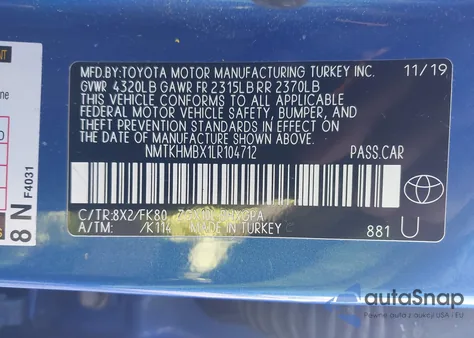 2020 Toyota C-Hr Xle из США, поврежденный, VIN NMTKHMBX1LR104712